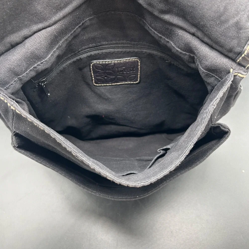 Fossil Vintage‎ Black Leather Canvas Crossbody Bag Messenger Tote